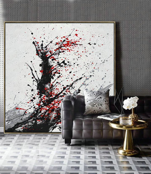 Extra Large Painting,Minimalist Drip Painting On Canvas, Black, White, Grey, Red - Hand Painted Acrylic Painting